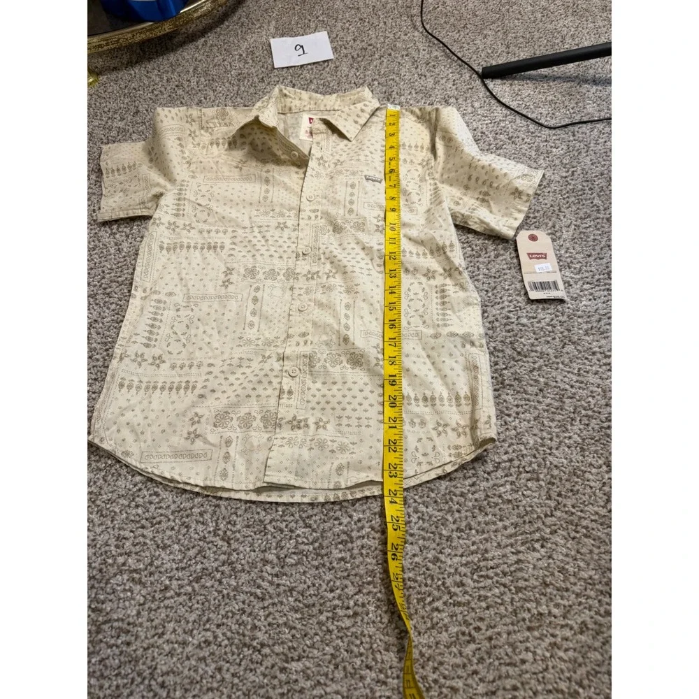 Levis Boys Medium 10-12 Bandana Patchwork Button Down Shirt Cream Short Sleeve